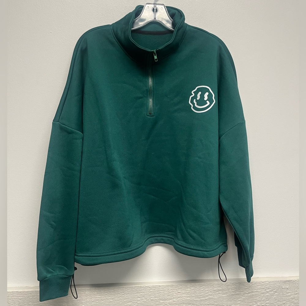 Plus Size Green Smiley Face Quarter Zip Top